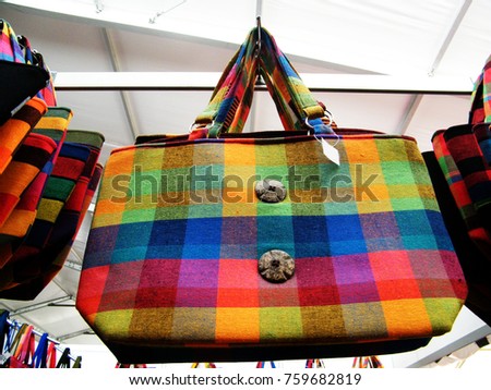Textile bag in Sri Lanka.Hand Beach bag isolated.Hand loom work in Sri Lanka.Tourism industry and bag.Linen Color bag for sell.Art and craft items.Handicraft items.