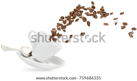 coffee beans spilling out of a cup isolated on white Royalty-Free Stock Photo #759686335