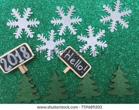 hello 2018 chalkboards on glitter background. Christmas 2018. Snowflakes on glitter texture
