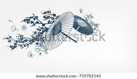 japanese traditional vector illustration umbrella sakura card background Royalty-Free Stock Photo #759701545