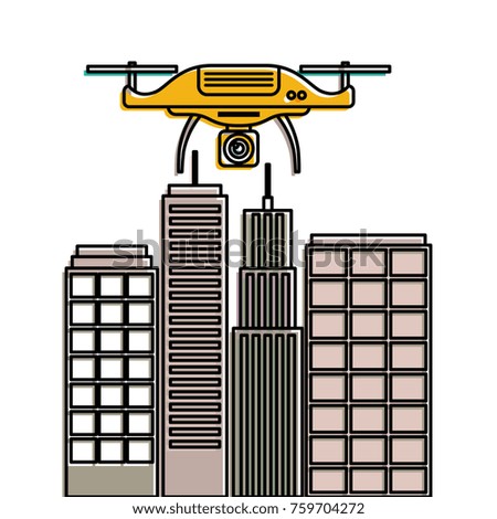 drone with camera flying on city landscape buildings