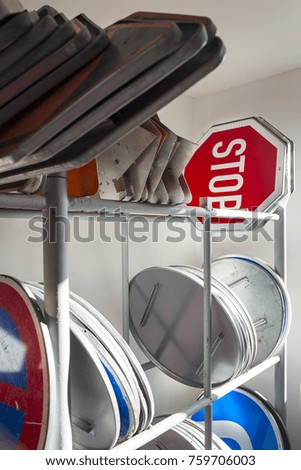 Traffic signs in stand, rack