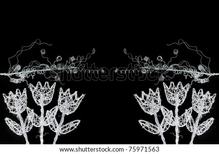 White tulips with swirling plants above them on a black background.