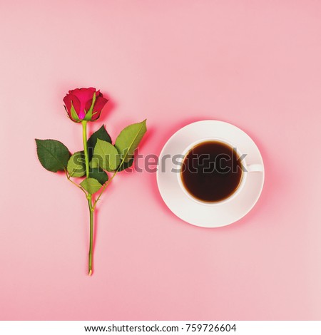 Romantic flat lay with a hot beverage and a red rose, top view, square image, good morning concept 