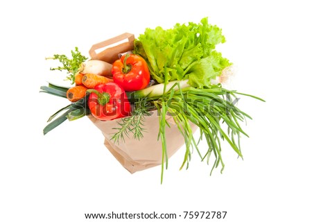 Grocery bag full of fresh vegetables isolated on white