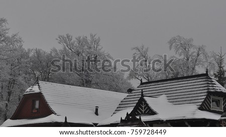 winter wooden hut roof covered with snow and ice on the mountain - hill radhost pustevny , trees background