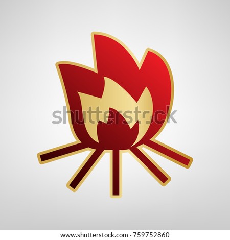 Fire sign. Vector. Red icon on gold sticker at light gray background.