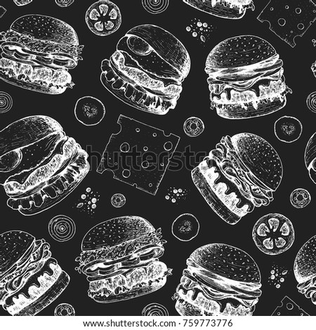 Burgers seamless pattern. Hand drawn vector illustration. Fast food, junk food pattern. American food. Burgers restaurant menu design. Engraved style image.