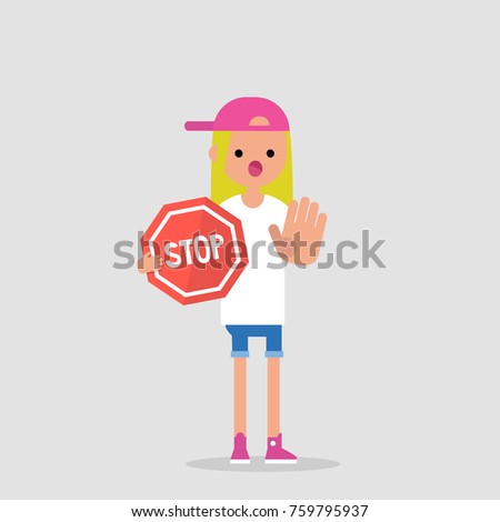 Warning. Forbidden. No access. Young female character holding a red stop sign. Flat editable vector illustration, clip art. 
