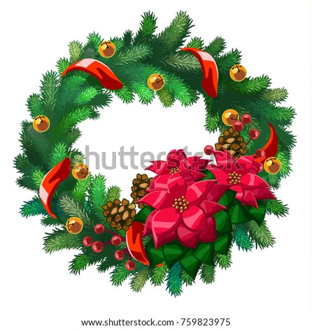 Vector Xmas wreath with flowers, bells, pine-cones and red ribbon