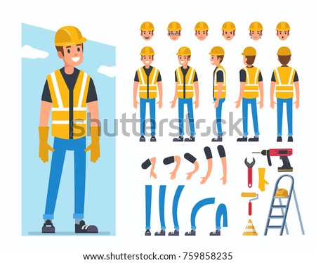 Construction worker character  for animation. Flat style vector illustration isolated on white background.   Royalty-Free Stock Photo #759858235
