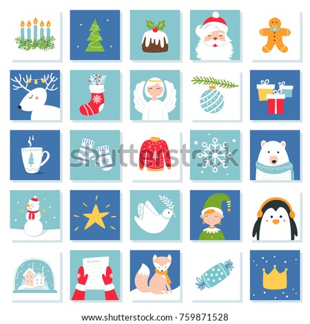 Christmas and New Year Celebration Symbols. Advent Calendar or Bingo Game Cards. Vector Set.