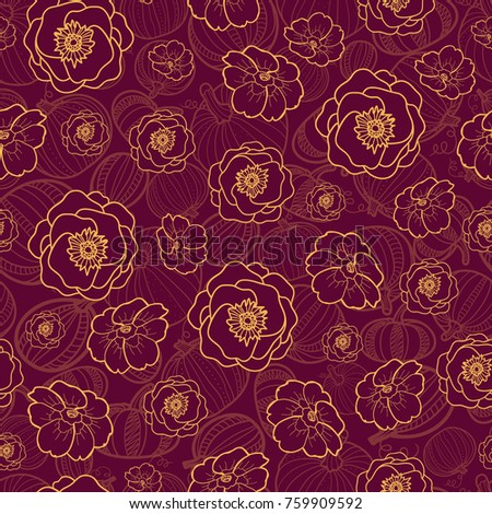 Vector dark red seamless pattern with fall flowers. Background for fabric or book covers, manufacturing, wallpapers, print, gift wrap, scrapbooking.
