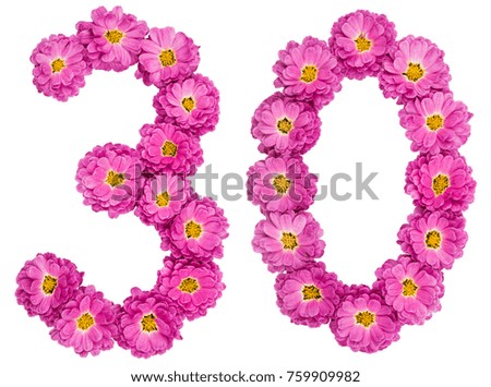 Arabic numeral 30, thirty, from flowers of chrysanthemum, isolated on white background