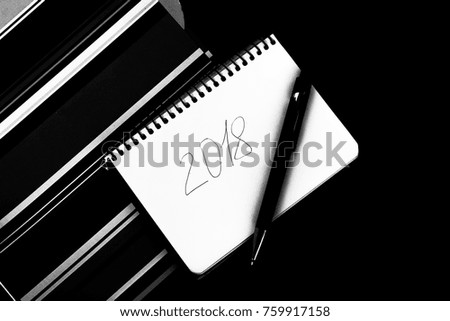 
Recording in notebook 2018, notebook, pen, office folders, black and white photo