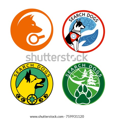 A set of four vector illustrations symbolizing search dogs rescuers