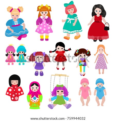 Vector doll toy cute girl female set illustration childhood baby dress face child beautiful dollhouse children baby toyhouse cartoon dollhouse isolated on white background Royalty-Free Stock Photo #759944032