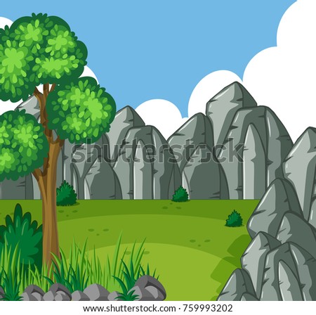 Background scene with green field and rocky mountains illustration