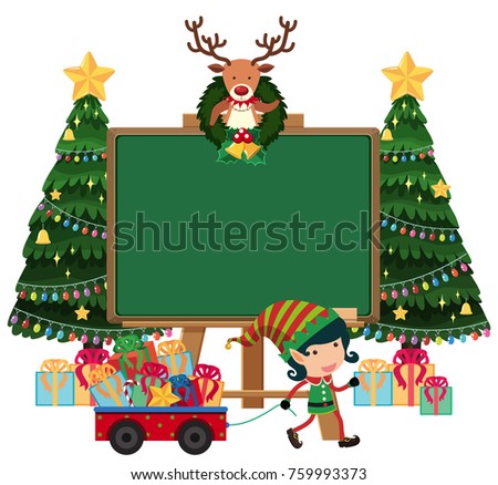 Blank board with elf and lots of presents illustration