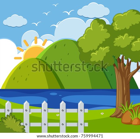 Background scene with mountains and lake illustration
