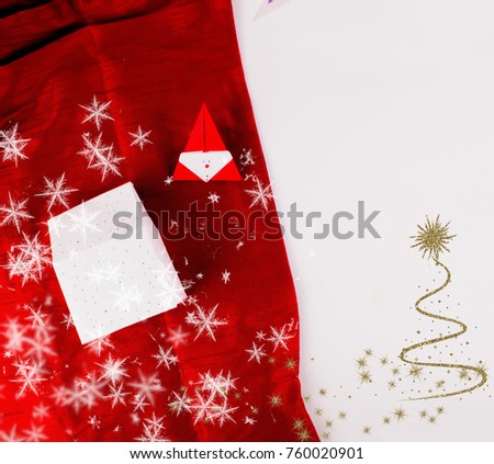 Christmas Decoration with party gift box and red scarves cloth with snow for holidays best background image for Holiday invitation and banners