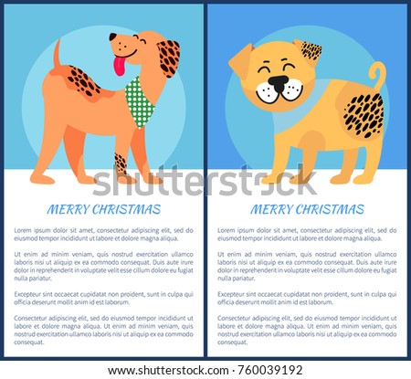 Merry Christmas banners with weimaraner and bullmastiff. Friendly dogs on festive poster for winter holidays vector illustrations with sample text.
