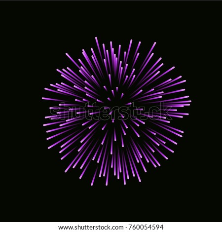 Beautiful pink firework. Bright firework isolated on black background. Light purple decoration firework for Christmas, New Year celebration, holiday, festival, birthday card Vector illustration