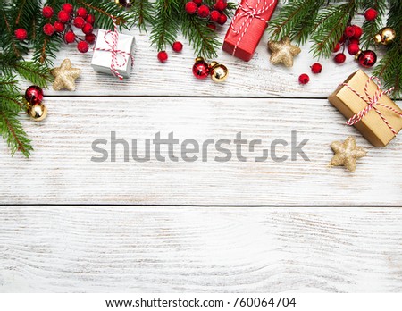 Christmas holiday background - decoration on a wooden table Royalty-Free Stock Photo #760064704