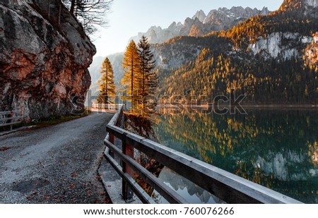 Unusual Sunny Sunset on the Mountains Lake, in Autumn.  Alpine trees glowing in Sunlight, Picturesque Amazing Scenery, Vacation, travel concept. road to sun. Instagram Filter. Creative image. Postcard