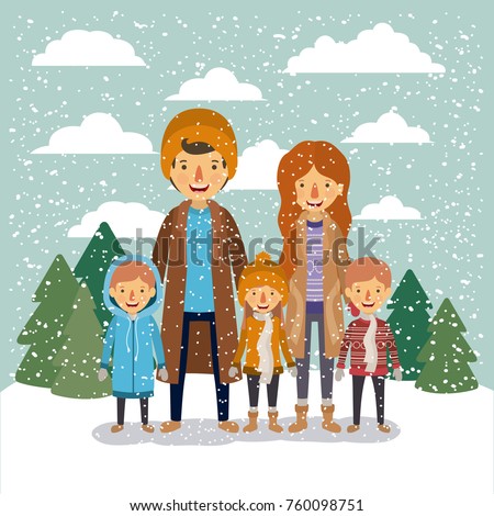 winter people background with family in colorful landscape with pine trees and snow falling and father mother and sons with coats and scarfs