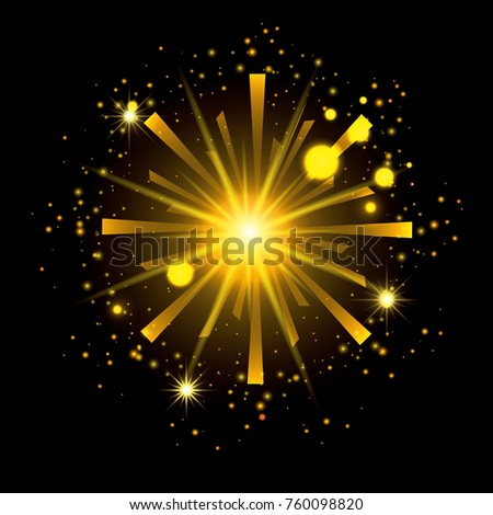 fireworks bursting in shape of radiant sun with yellow flashes on black background