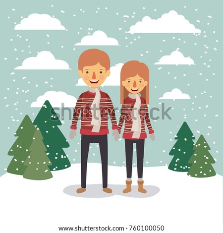 winter people background with couple in colorful landscape with pine trees and snow falling and both with red sweaters and scarf