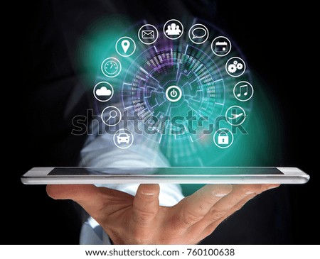View of a Home button of a technology interface surrounded by application - technology app concept
