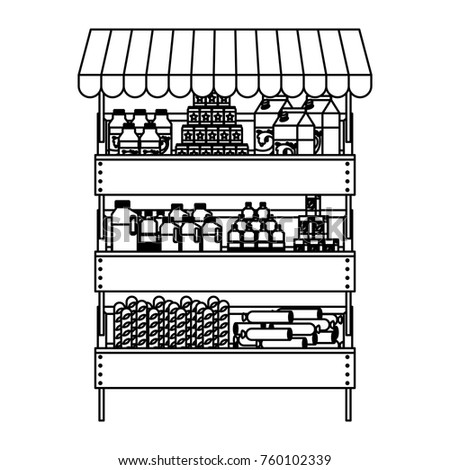 supermarket shelf with sunshade and foods and beverages in monochrome silhouette