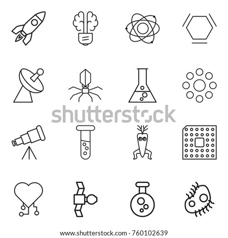 Thin line icon set : rocket, bulb brain, atom, hex molecule, satellite antenna, virus, flask, round around, telescope, vial, dna modify, cpu, cardio chip, chemical, microb