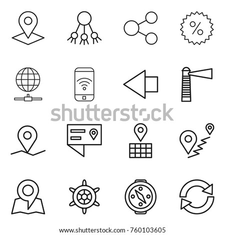 Thin line icon set : pointer, share, percent, globe connect, phone wireless, left arrow, lighthouse, geo pin, location details, map, route, handwheel, compass, reload