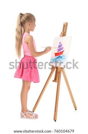 Cute little girl painting picture on canvas against white background