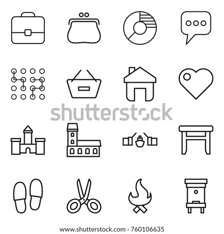 Thin line icon set : portfolio, purse, circle diagram, message, chip, remove from basket, home, heart, castle, mansion, drawbridge, stool, slippers, scissors, fire, hive