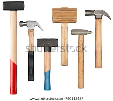 Various hammers and mallet isolated on white Royalty-Free Stock Photo #760112629