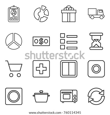 Thin line icon set : report, circle diagram, gift, truck, money, list, sand clock, cart, first aid, power switch, ring button, pan, grill oven, reload