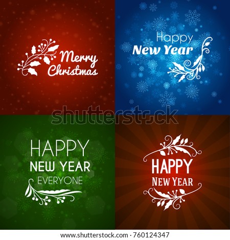 Set of Merry Christmas and Happy New Year Decorative Badges for Greetings Cards or Invitations. Vector Illustration. Abstract colorful background with snowflakes and lights