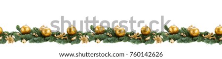 evergreen fir tree and golden christmas ball over white background seamless border