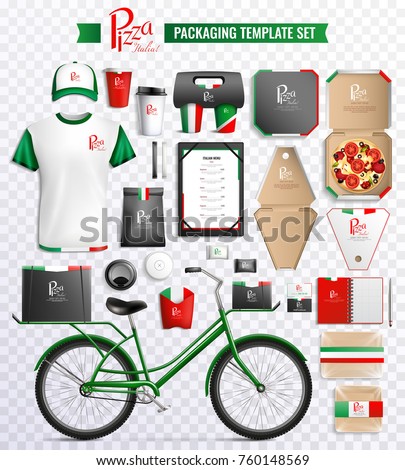 Set of packaging template for pizza and drinks with brand identity isolated on transparent background vector illustration