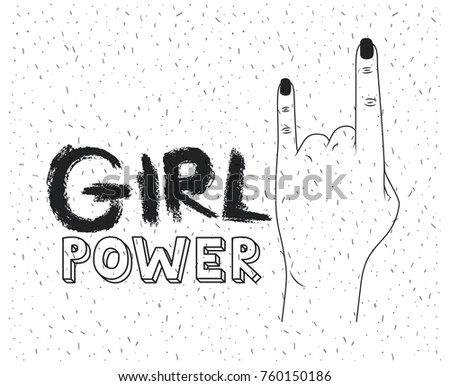 girl power poster text and hand making horns signal in silhouette black over white background with sparkles
