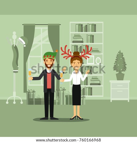 couple in formal clothes celebrating christmas with champagne glass and him with beard and green christmas hat and her with red reindeer horns on colorful scene in home
