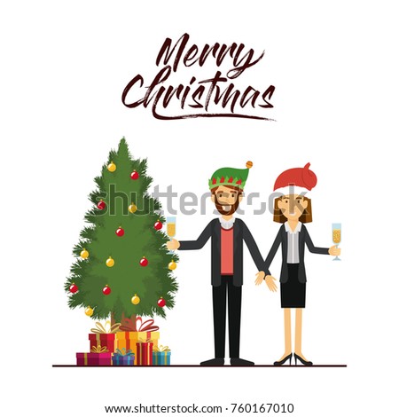 merry christmas card of couple celebrating christmas with champagne glass next to the tree with gifts and him with green christmas hat and her with red christmas hat