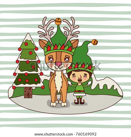 christmas card with christmas tree and reindeer and gnome boy on colorful landscape background mountains and snow falling