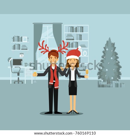 couple in formal clothes celebrating christmas with champagne glass and him with red reindeer horns and her with christmas hat on colorful scene in home