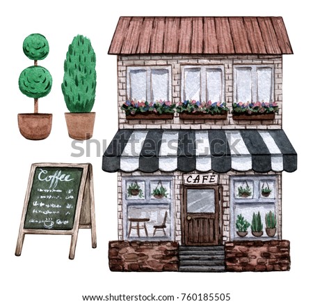 Street cafe set. Watercolor hand painted illustration