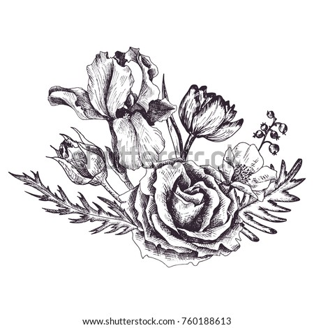 vintage vector floral composition in victorian style, flowers, buds and leaves of roses, ink drawing, imitation of engraving, hand drawn design element